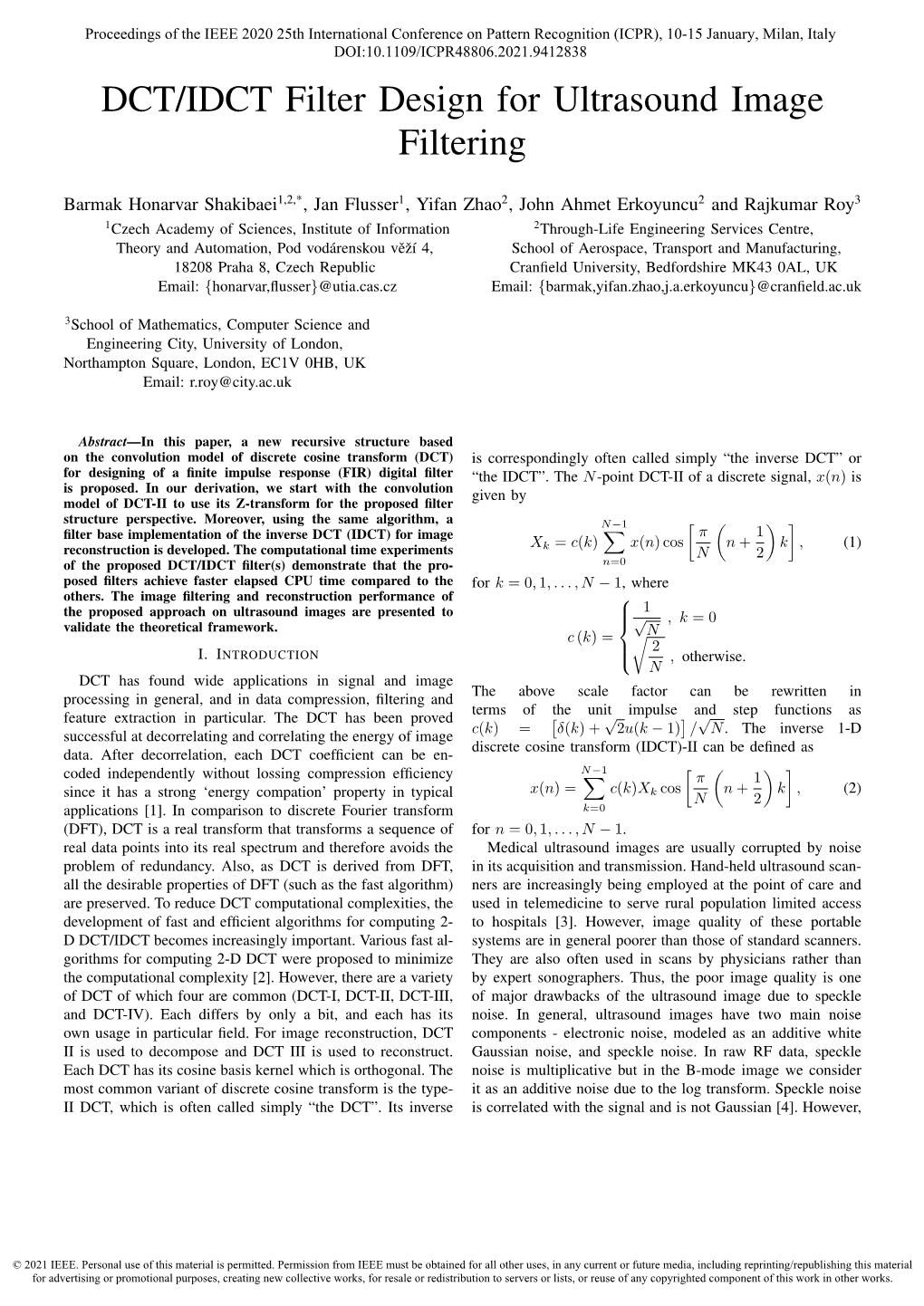 DCT/IDCT Filter Design for Ultrasound Image Filtering