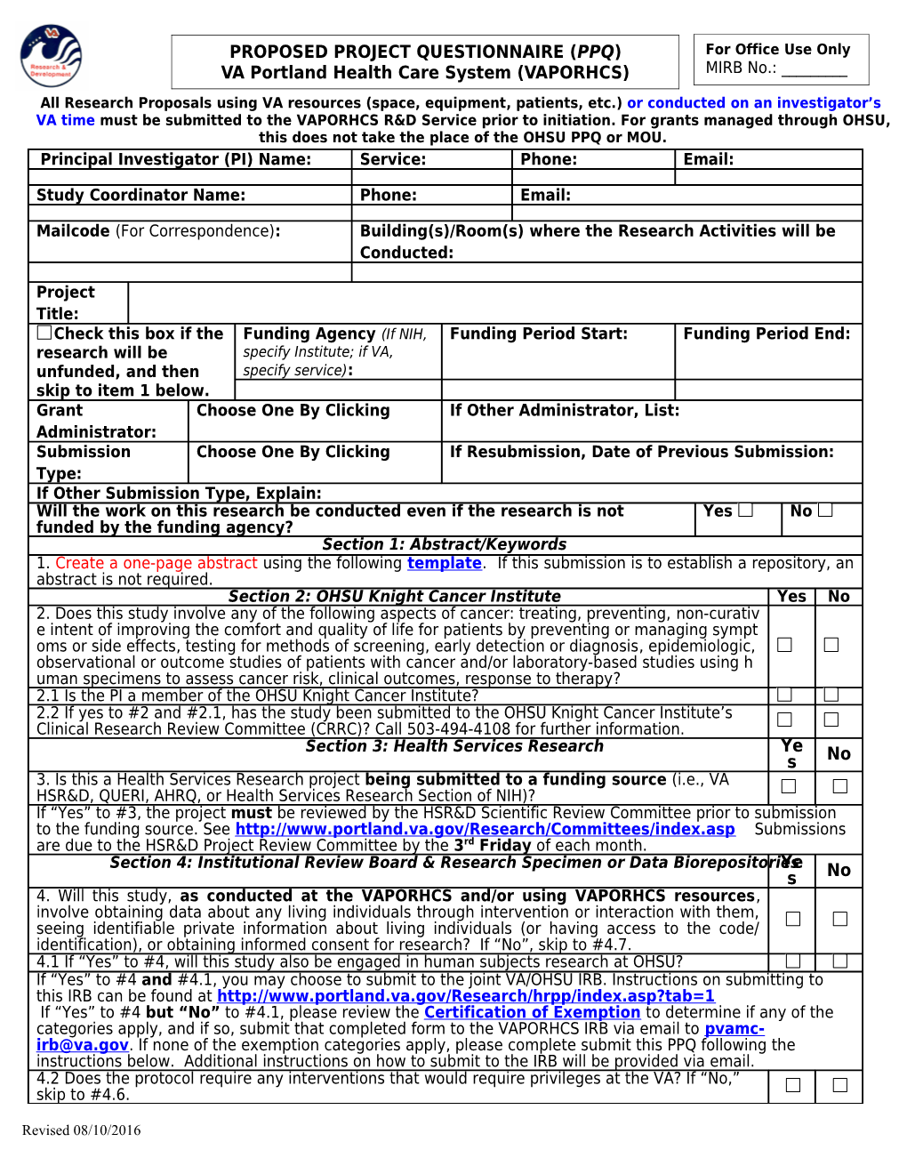 Proposed Project Questionnaire (PPQ)