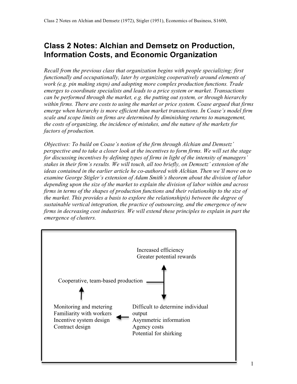 Class 2 Notes: Alchian and Demsetz on Production, Information Costs, and Economic Organization