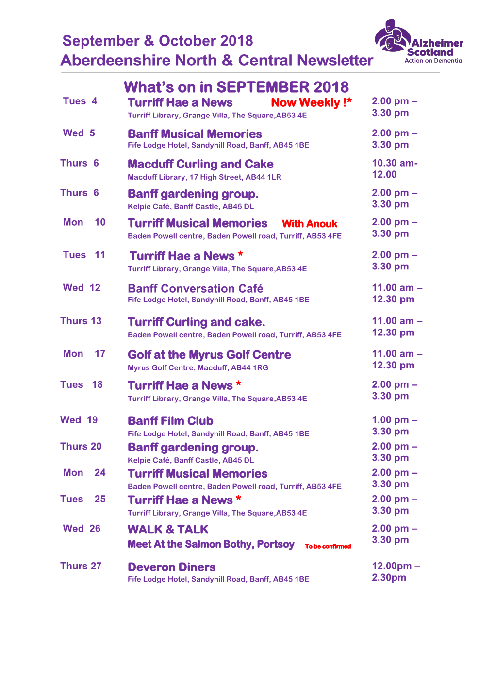 September & October 2018 Aberdeenshire North & Central