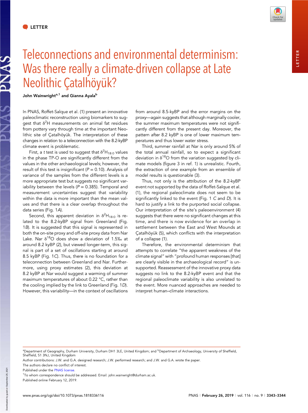 Teleconnections and Environmental Determinism: Was There Really a Climate-Driven Collapse at Late Neolithic Atalh Y K?