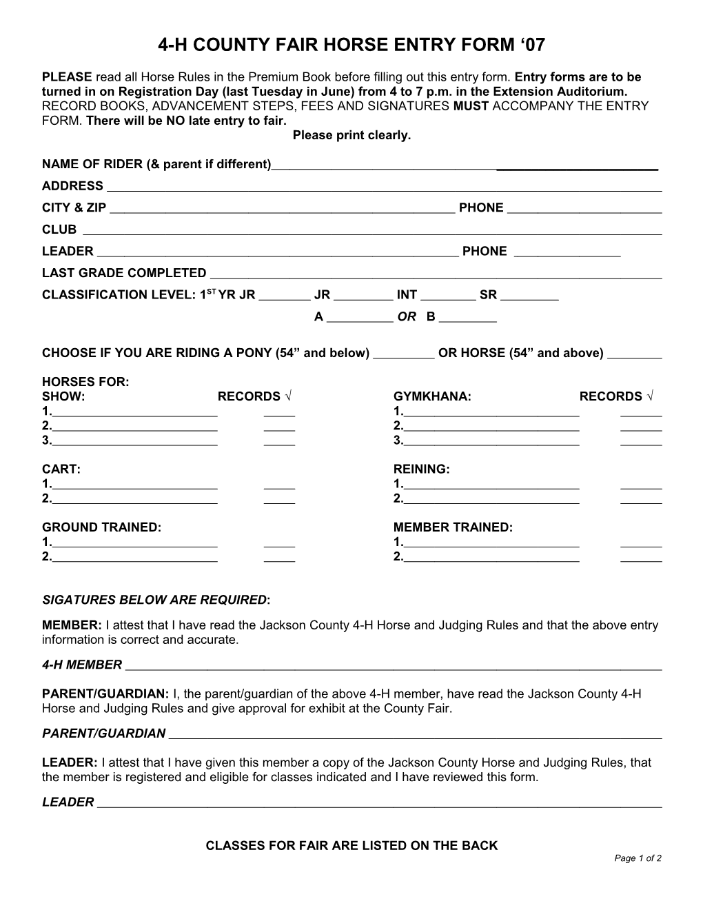 4-H County Fair Horse Entry Form