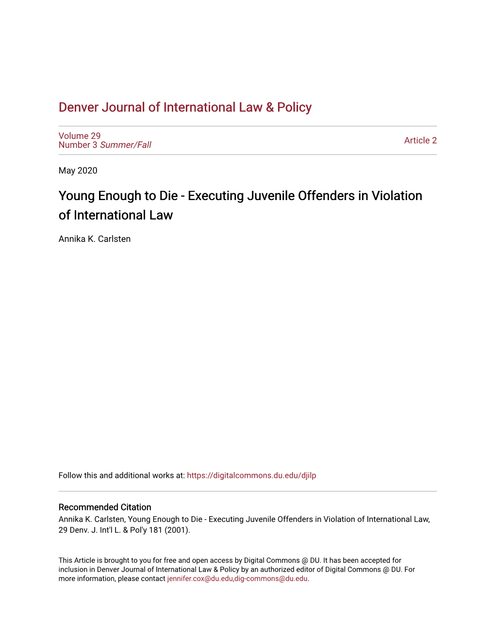 Executing Juvenile Offenders in Violation of International Law