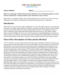 Introduction Marco Polo's Descriptions of China and the Silk Road