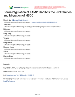 Down-Regulation of LAMP3 Inhibits the Proliferation and Migration of HSCC