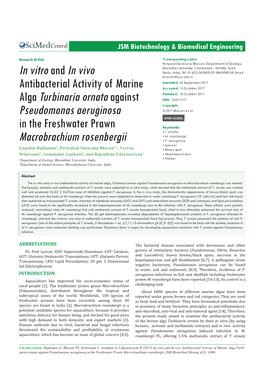 In Vitro and in Vivo Antibacterial Activity of Marine Alga Turbinaria Ornata Against Pseu- Domonas Aeruginosa in the Freshwater Prawn Macrobrachium Rosenbergii
