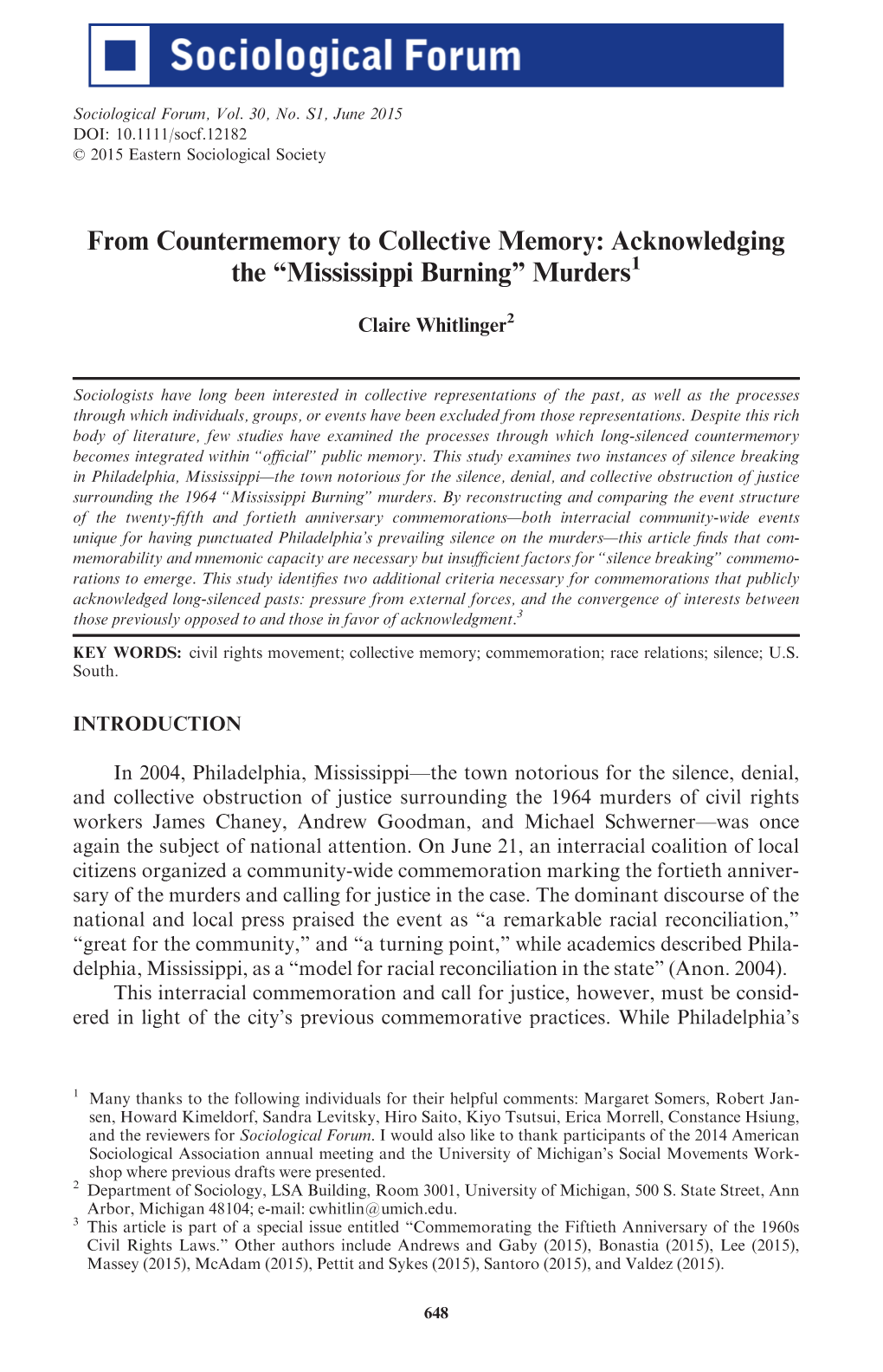 From Countermemory to Collective Memory: Acknowledging the “Mississippi Burning” Murders1