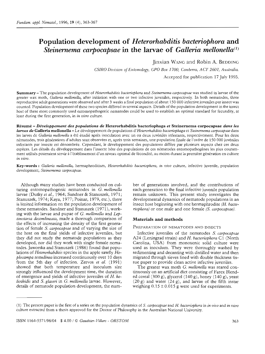 Steïnernema Carpocapsae in the Larvae of Galleria Mellonella(L)