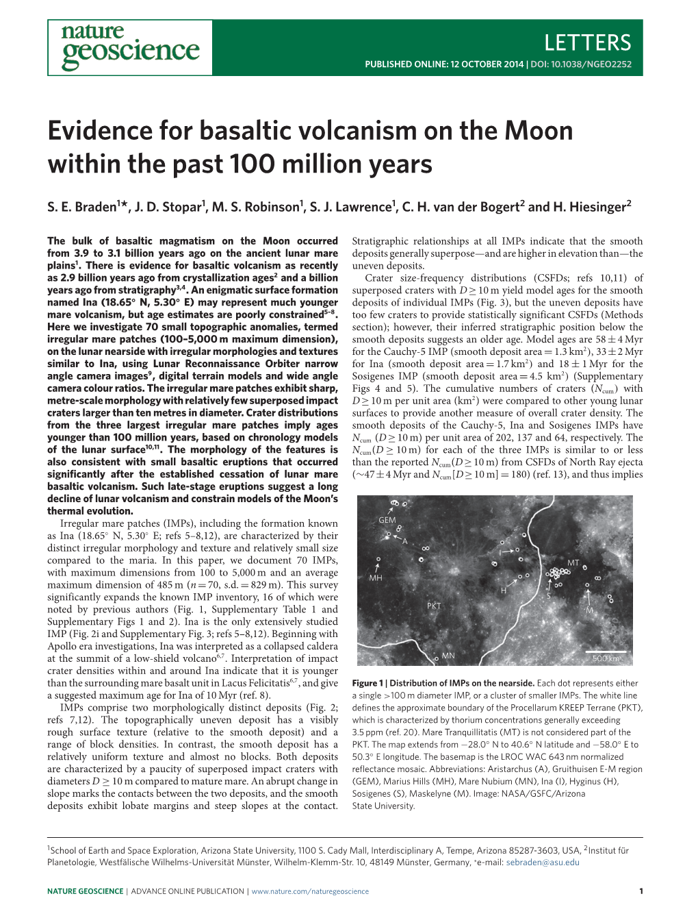 Evidence for Basaltic Volcanism on the Moon Within the Past 100 Million Years