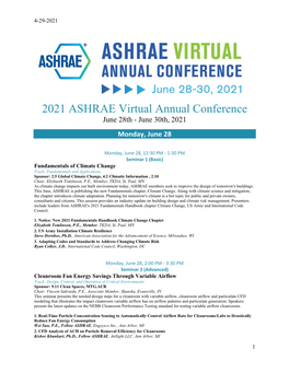 2021 ASHRAE Virtual Annual Conference June 28Th - June 30Th, 2021 Monday, June 28