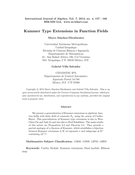 Kummer Type Extensions in Function Fields