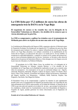 La CHS Licita Por 17,2 Millones De Euros Las Obras De Emergencia Tras La DANA En La Vega Baja