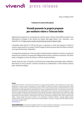 Vivendi Presenta La Propria Proposta Per Restituire Valore a Telecom Italia