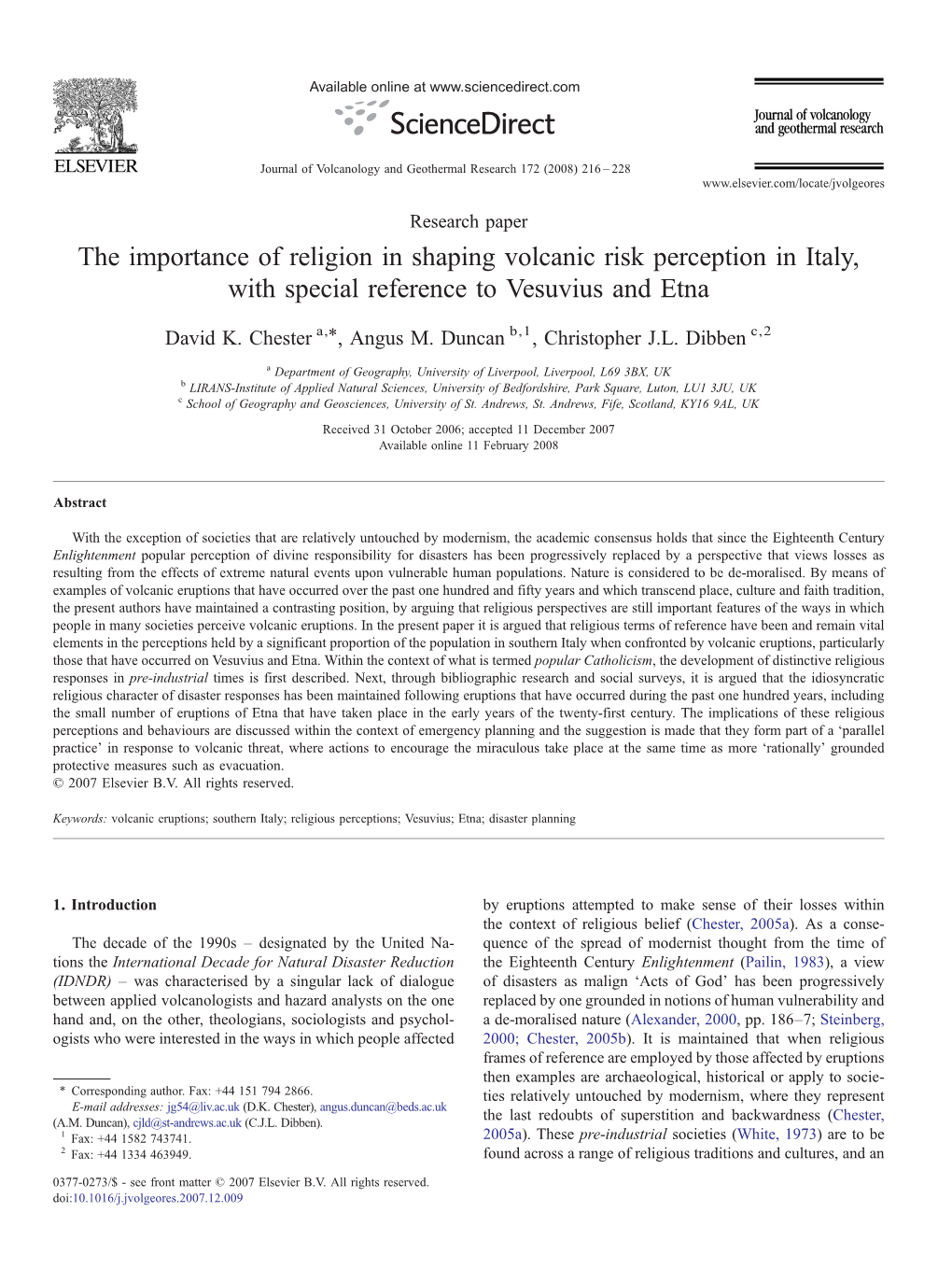 The Importance of Religion in Shaping Volcanic Risk Perception in Italy, with Special Reference to Vesuvius and Etna ⁎ David K