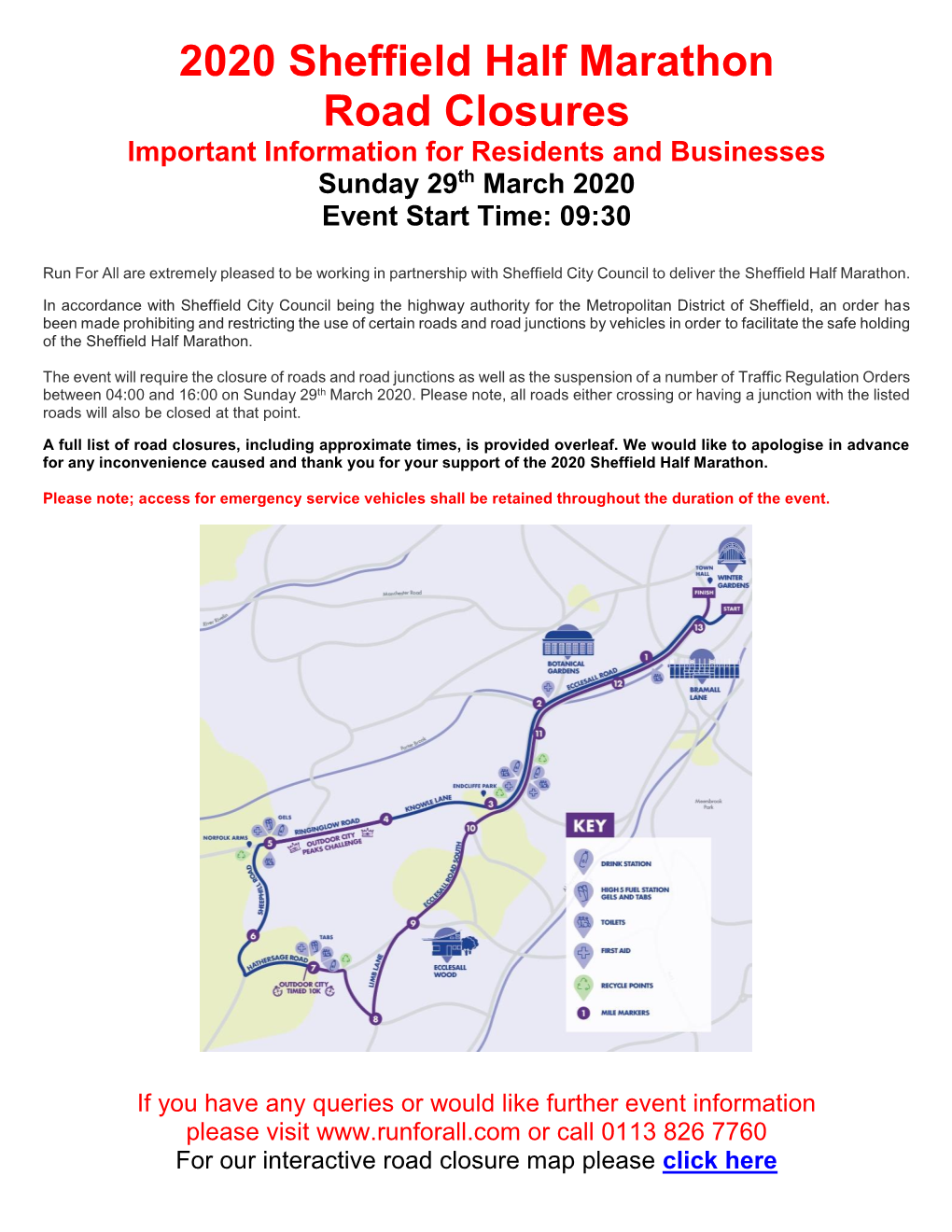 2020 Sheffield Half Marathon Road Closures Important Information for Residents and Businesses Sunday 29Th March 2020 Event Start Time: 09:30