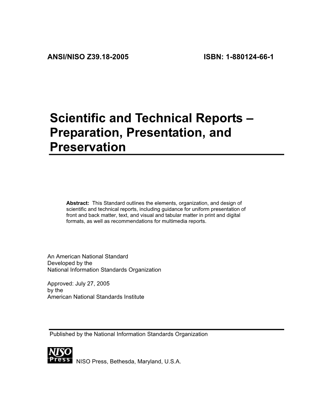 ANSI/NISO Z39.18-2005, Scientific and Technical Reports – Preparation, Presentation and Preservation