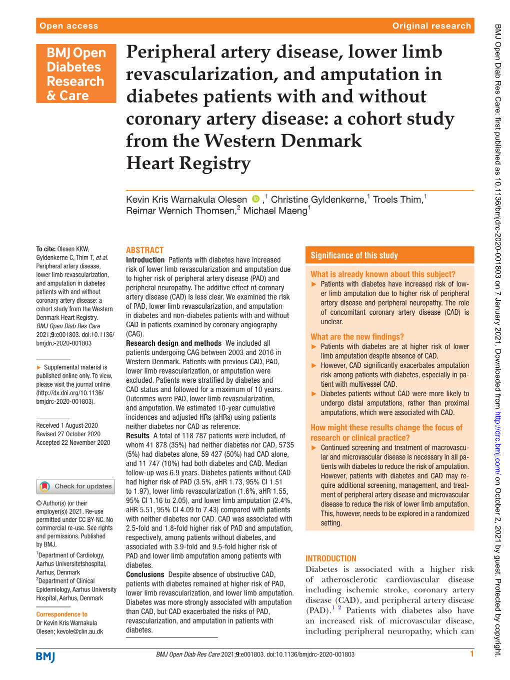 Peripheral Artery Disease, Lower Limb Revascularization, and Amputation in Diabetes Patients with and Without Coronary Artery Di