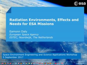 Radiation Environments, Effects and Needs for ESA Missions