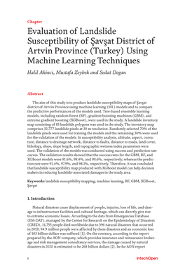Evaluation of Landslide Susceptibility of Şavşat District of Artvin Province (Turkey) Using Machine Learning Techniques Halil Akinci, Mustafa Zeybek and Sedat Dogan