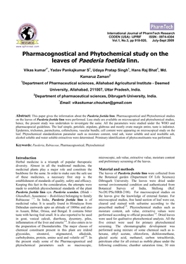 Pharmacognostical and Phytochemical Study on the Leaves of Paederia Foetida Linn