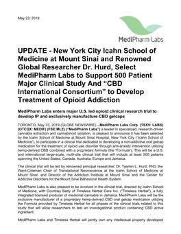 UPDATE - New York City Icahn School of Medicine at Mount Sinai and Renowned Global Researcher Dr