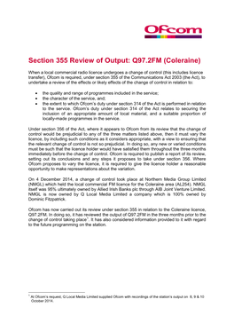 Section 355 Review of Output: Q97.2FM (Coleraine)