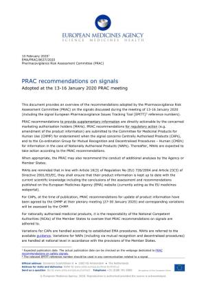PRAC Recommendations on Signals Adopted at the 13-16 January 2020 PRAC En