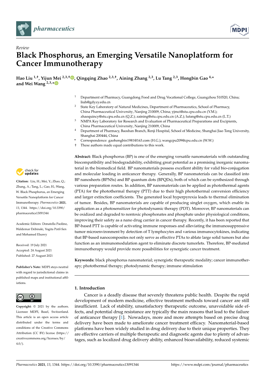 Black Phosphorus, an Emerging Versatile Nanoplatform for Cancer Immunotherapy