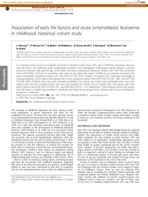 Association of Early Life Factors and Acute Lymphoblastic Leukaemia in Childhood: Historical Cohort Study
