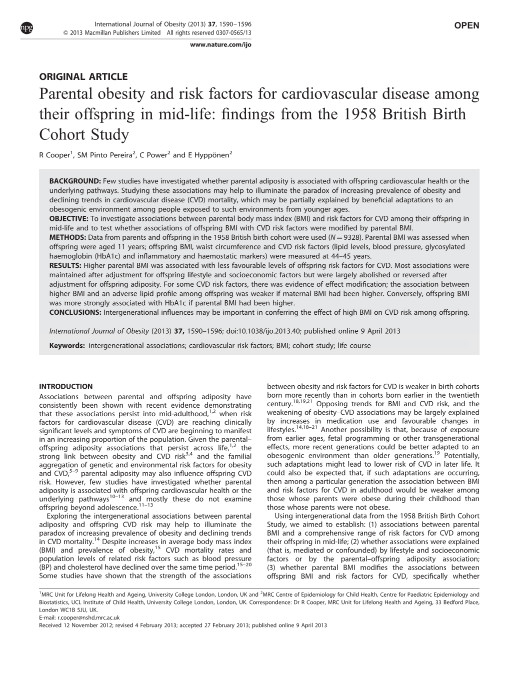 Parental Obesity and Risk Factors for Cardiovascular Disease Among Their Offspring in Mid-Life: ﬁndings from the 1958 British Birth Cohort Study