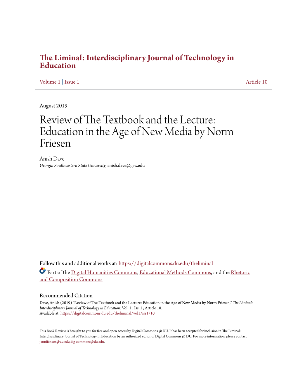 Review of the Textbook and the Lecture: Education in the Age of New Media by Norm Friesen