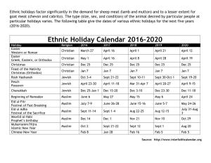 Ethnic Holiday Calendar 2016-2020