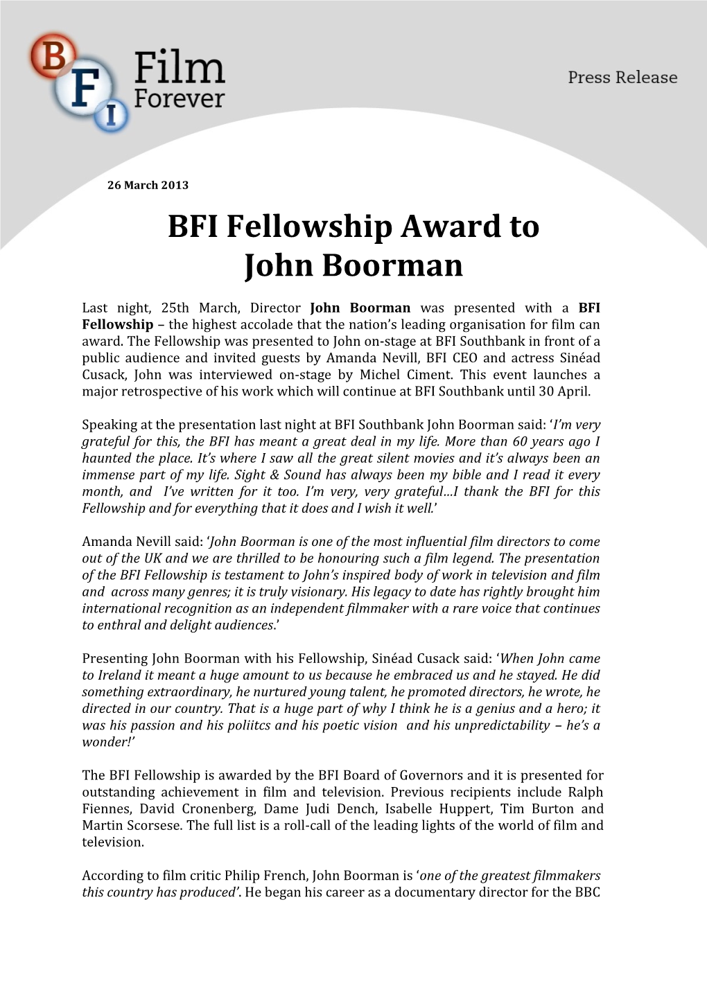 BFI Fellowship Award to John Boorman