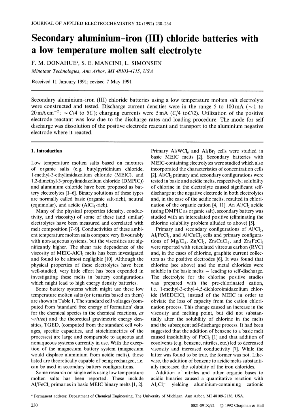 Secondary Aluminium-Iron (III) Chloride Batteries with a Low Temperature Molten Salt Electrolyte