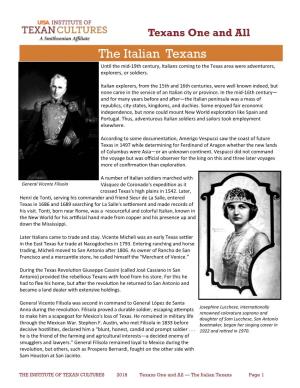 The Italian Texans Until the Mid-19Th Century, Italians Coming to the Texas Area Were Adventurers, Explorers, Or Soldiers