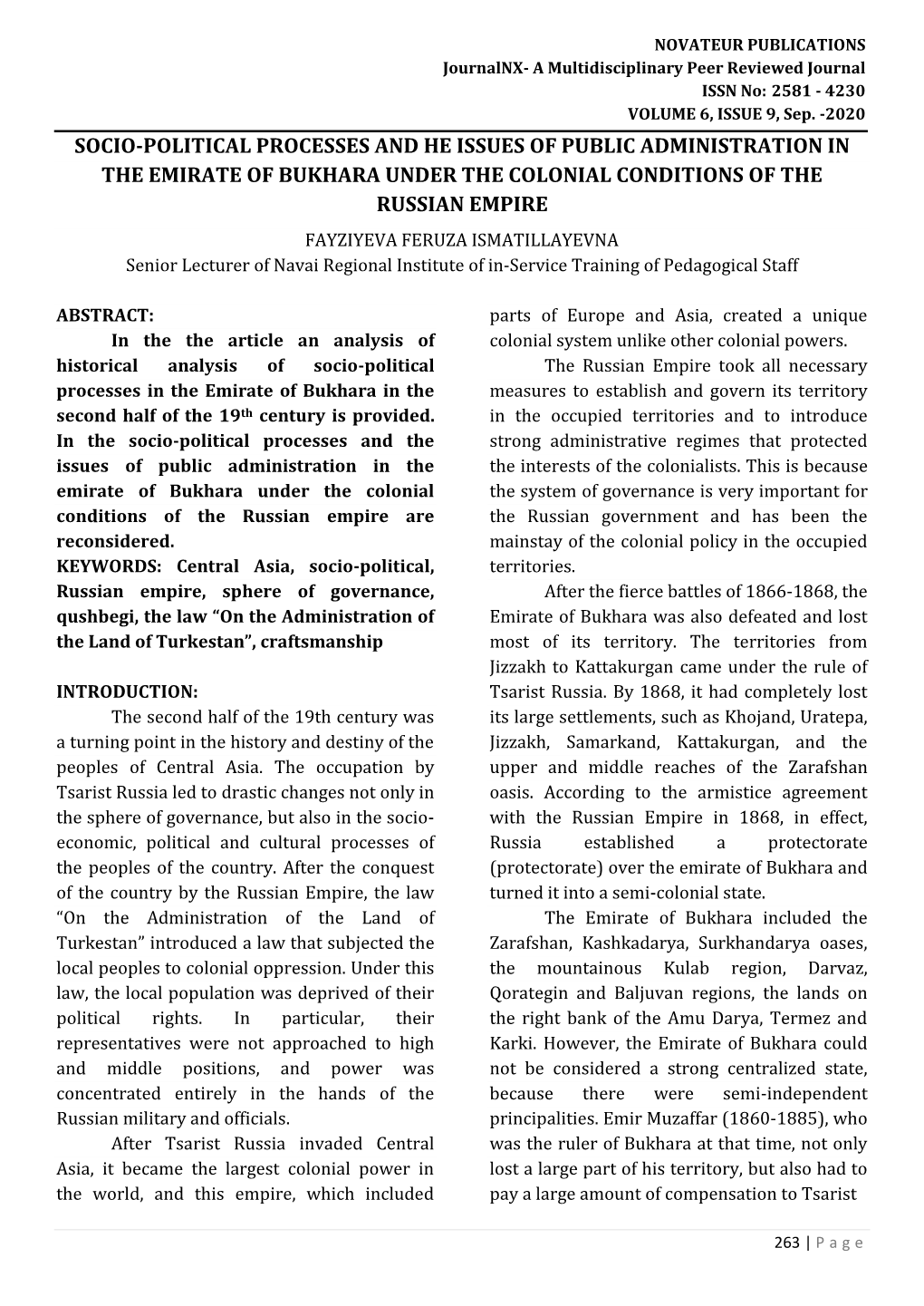 Socio-Political Processes and He Issues of Public Administration in the Emirate of Bukhara Under the Colonial Conditions of the Russian Empire