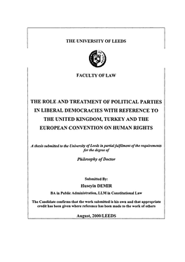 The Role and Treatment of Political Parties in Liberal Democracies with Reference to the United Kingdom, Turkey and the European Convention on Human Rights