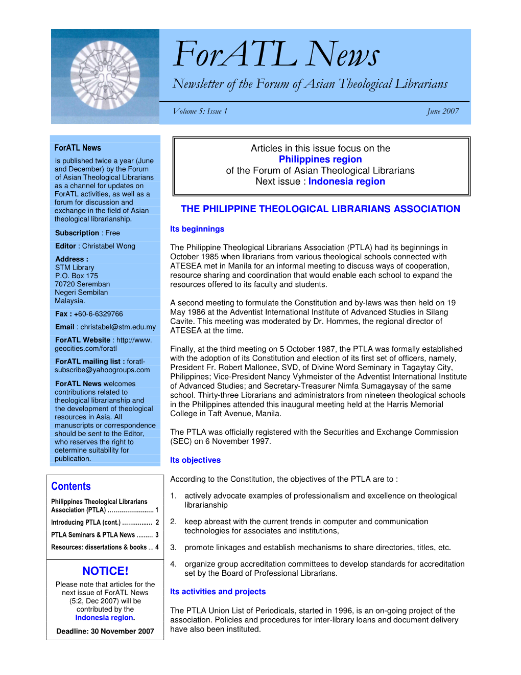 Foratl News Newsletter of the Forum of Asian Theological Librarians