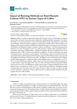 Impact of Brewing Methods on Total Phenolic Content (TPC) in Various Types of Coﬀee