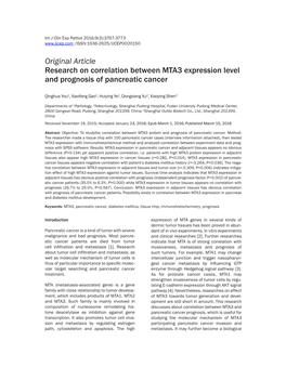 Original Article Research on Correlation Between MTA3 Expression Level and Prognosis of Pancreatic Cancer