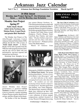 Arkansas Jazz Calendar Entries to KIPR 92.3 FM (Little Rock): Payable to North Arkansas Jazz Society, Sunday 10 A.M