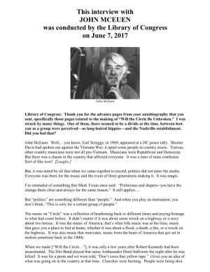 Interview with JOHN MCEUEN Was Conducted by the Library of Congress on June 7, 2017