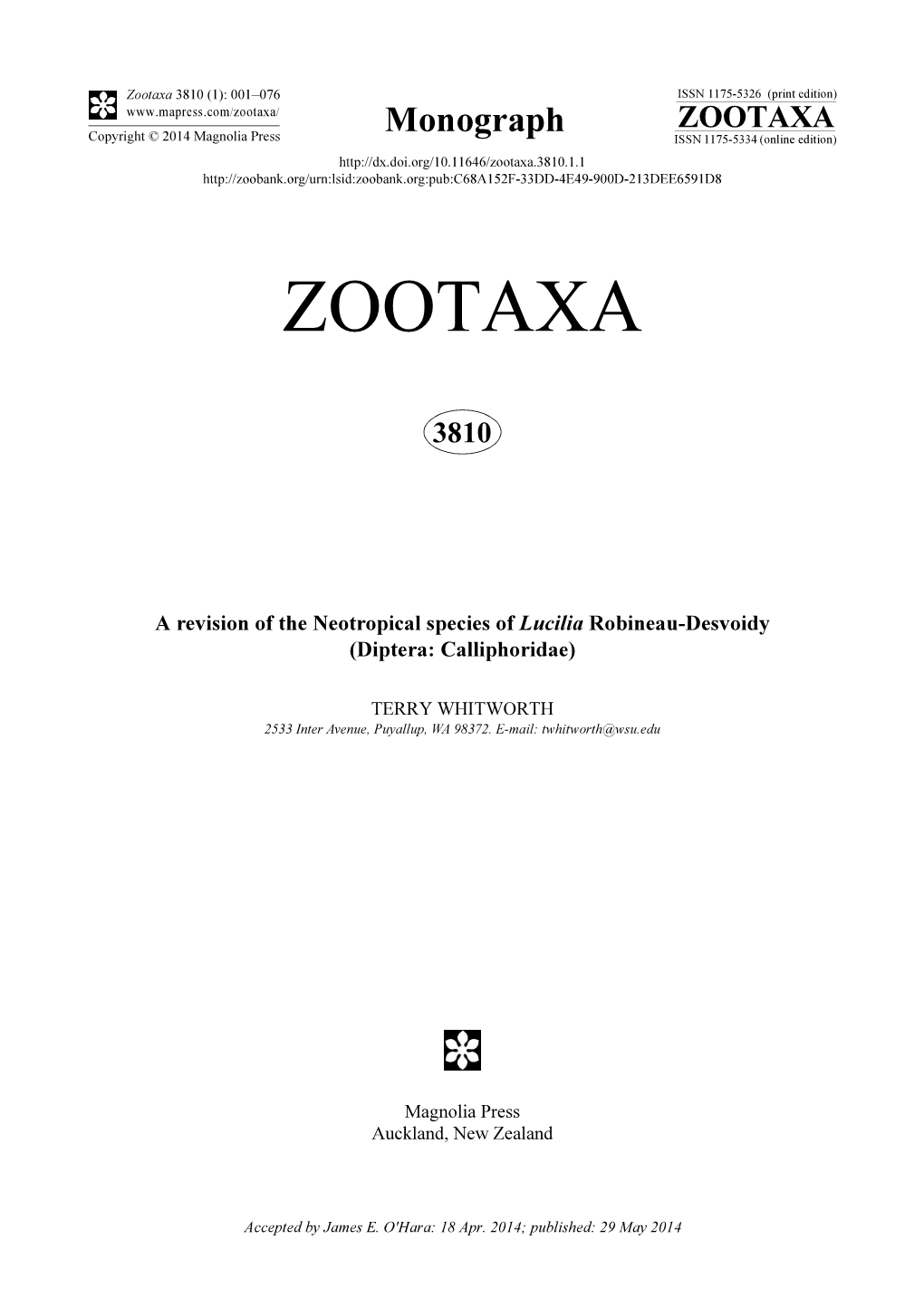 A Revision of the Neotropical Species of Lucilia Robineau-Desvoidy (Diptera: Calliphoridae)