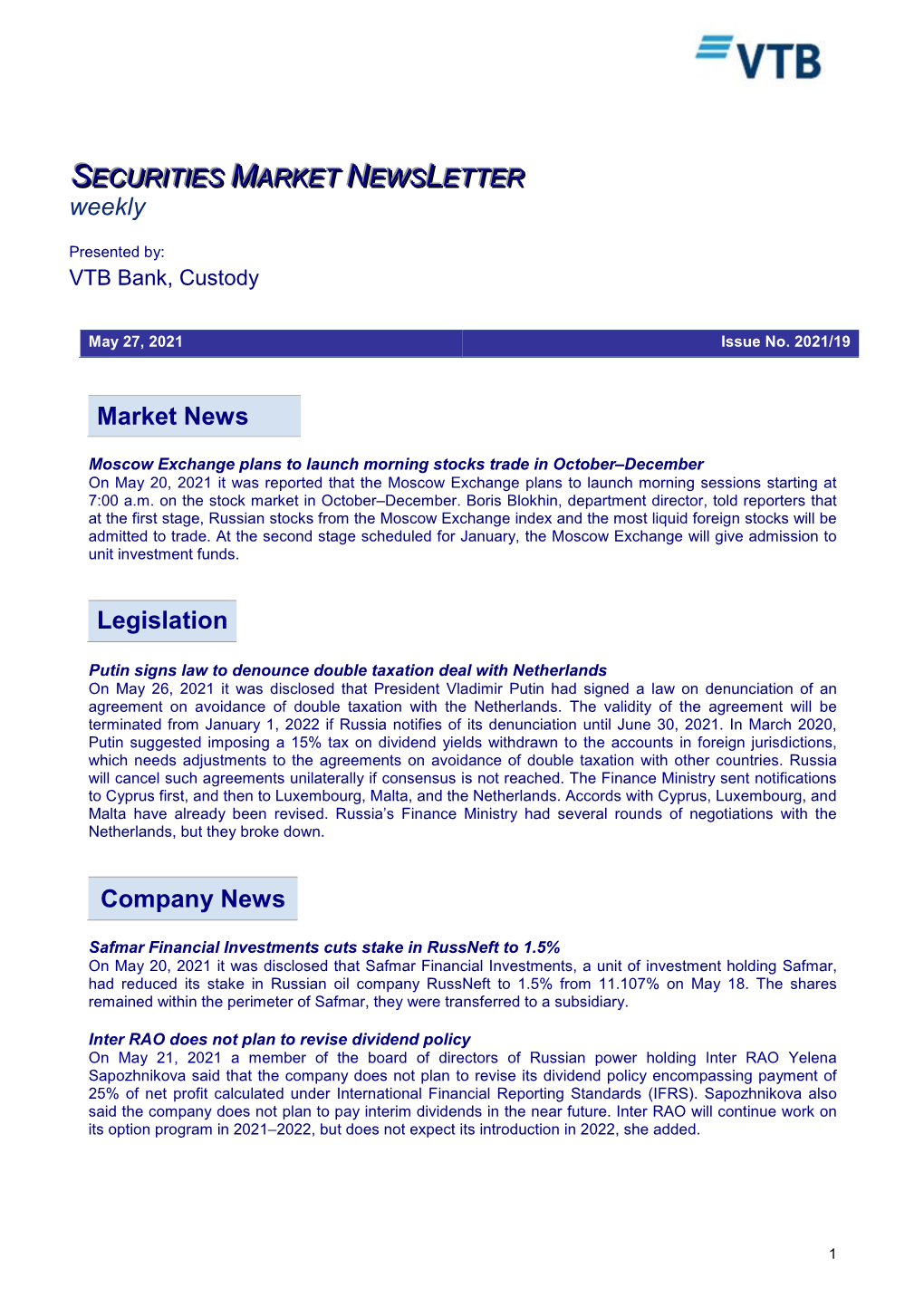 Market News Legislation Company News SECURITIES MARKET NEWS LETTER Weekly
