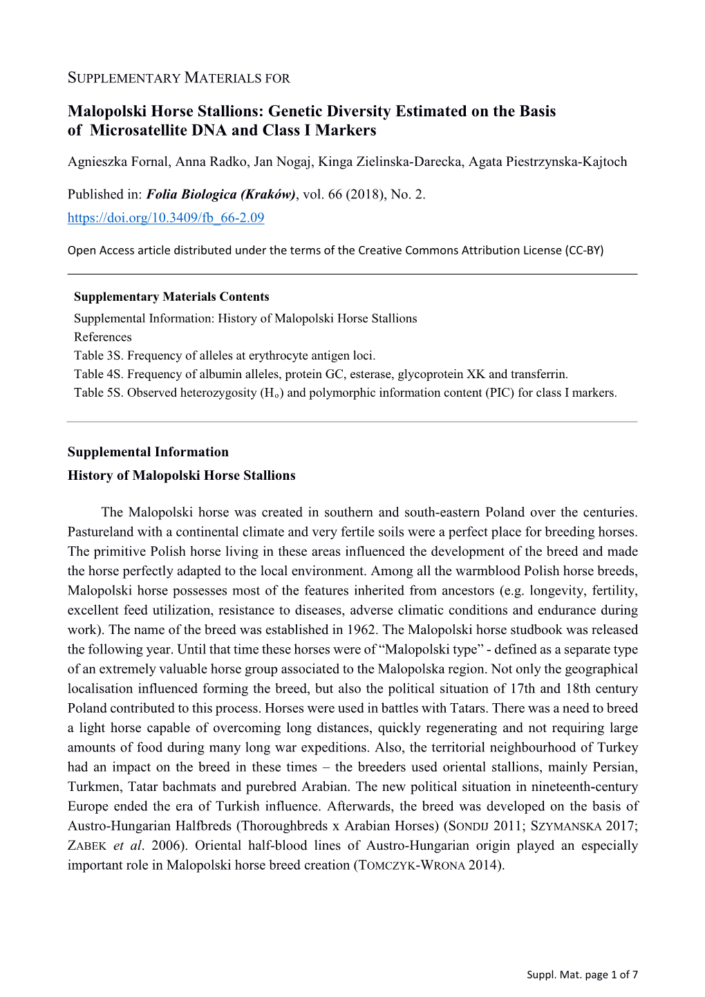 Malopolski Horse Stallions: Genetic Diversity Estimated on the Basis of Microsatellite DNA and Class I Markers