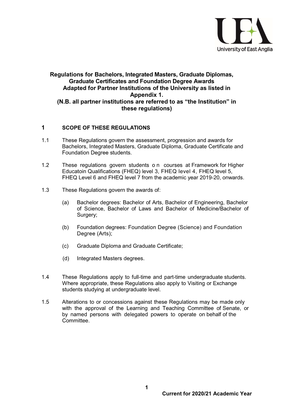 Regulations for Bachelors, Integrated Masters, Graduate Diplomas