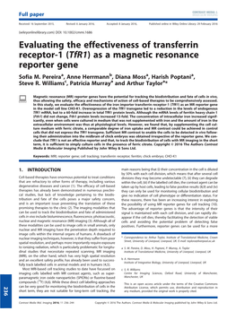 Evaluating the Effectiveness of Transferrin Receptor-1 (Tfr1) As a Magnetic Resonance Reporter Gene Sofia M