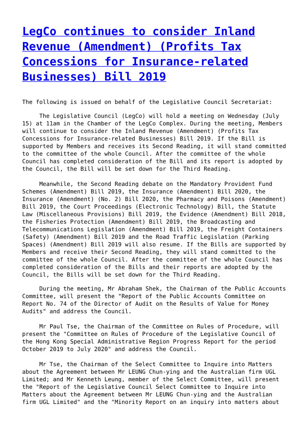 Legco Continues to Consider Inland Revenue (Amendment) (Profits Tax Concessions for Insurance-Related Businesses) Bill 2019