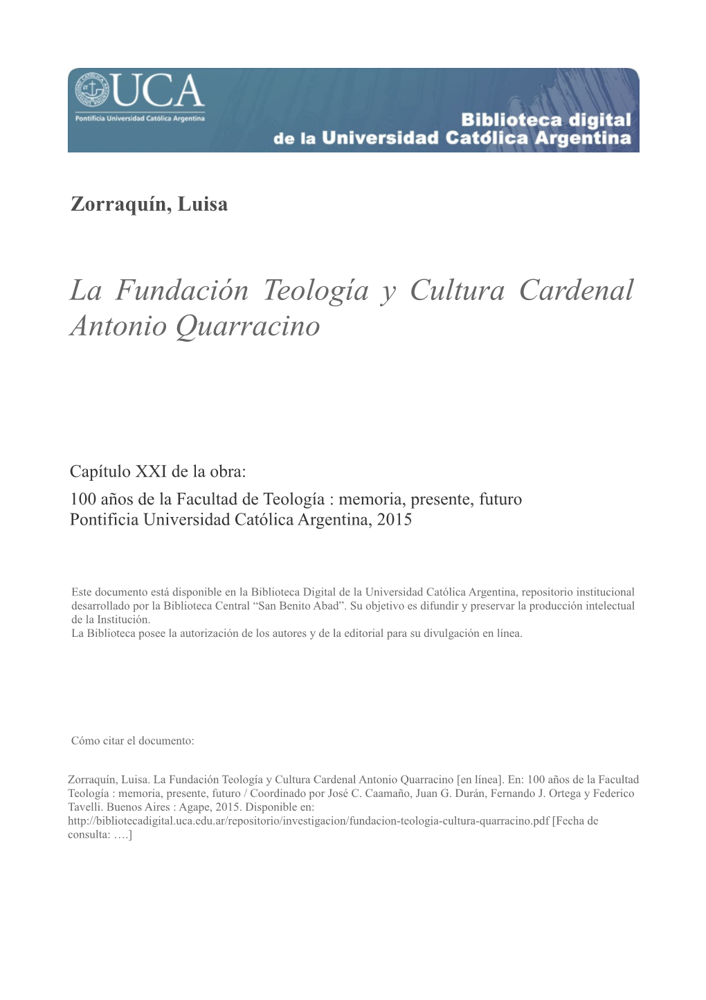 La Fundacion Teologia Y Cultura Cardenal Quarracino