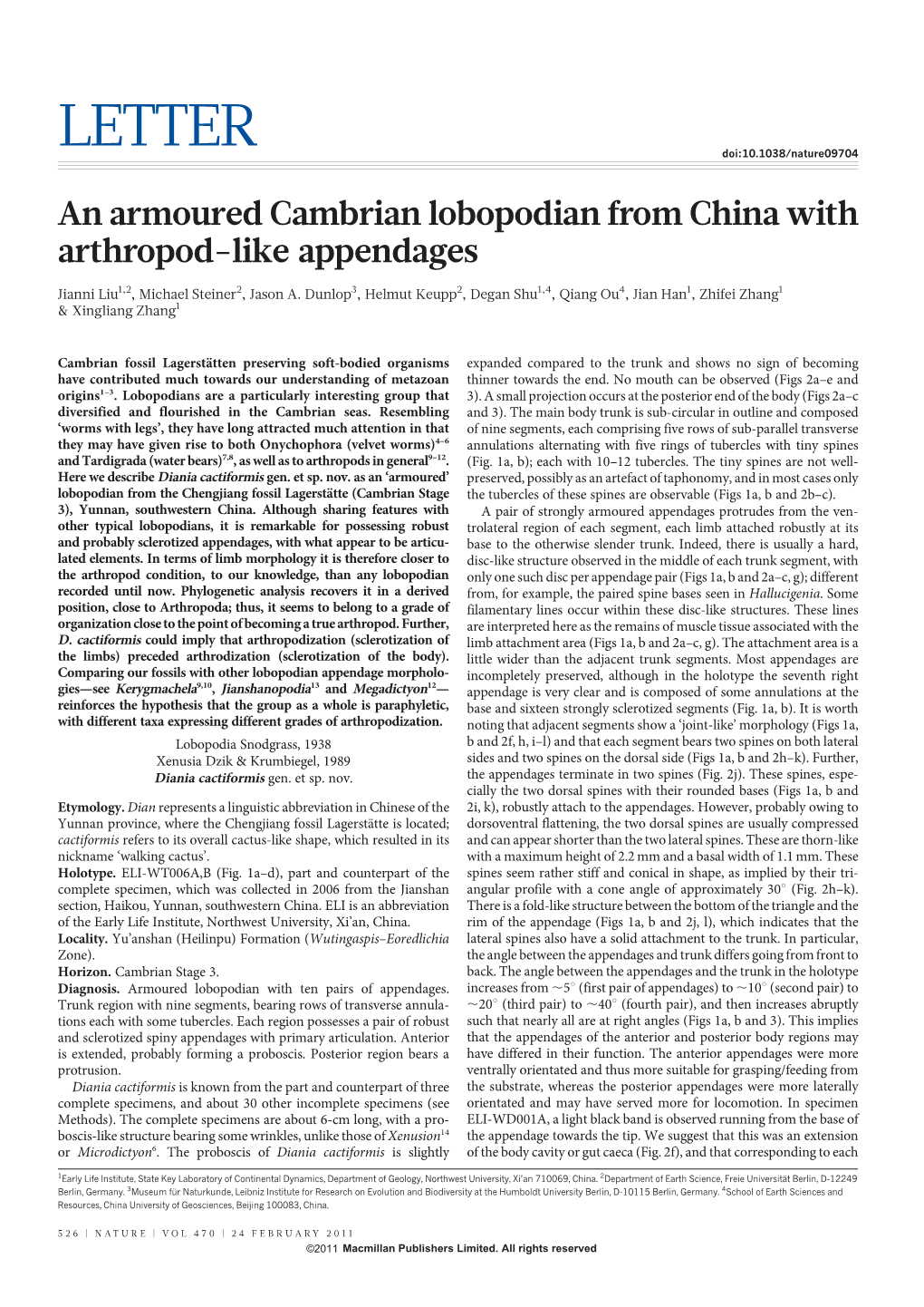 An Armoured Cambrian Lobopodian from China with Arthropod-Like Appendages